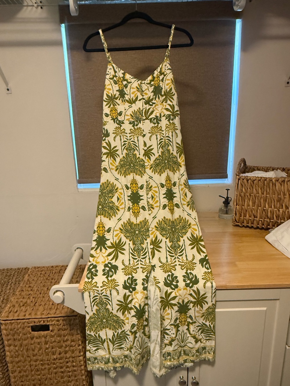 Tropical Palm Print Linen Maxi Slip Dress - Green, Yellow, and Tan
